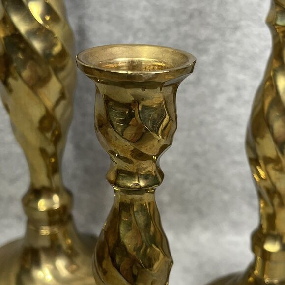 Vtg Solid Brass Spiral Swirl Twist Candlestick Holders Set of 3 Made In India - Picture 6 of 16